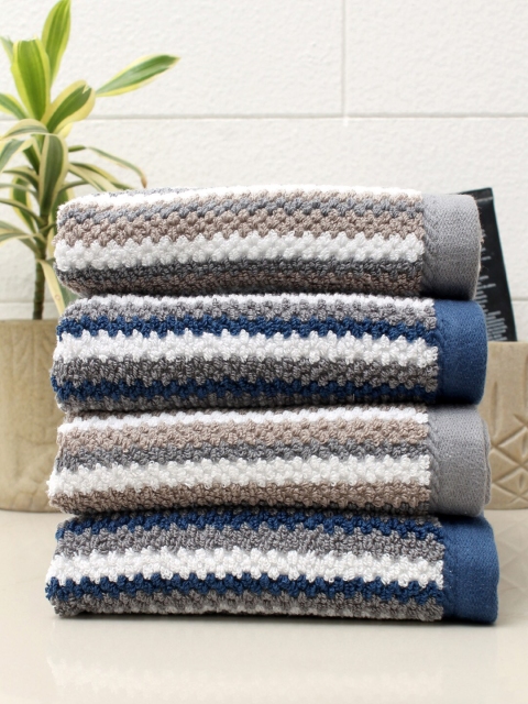 

AVI Living Set Of 4 Navy Blue & White Striped 550 GSM Cotton Hand Towels