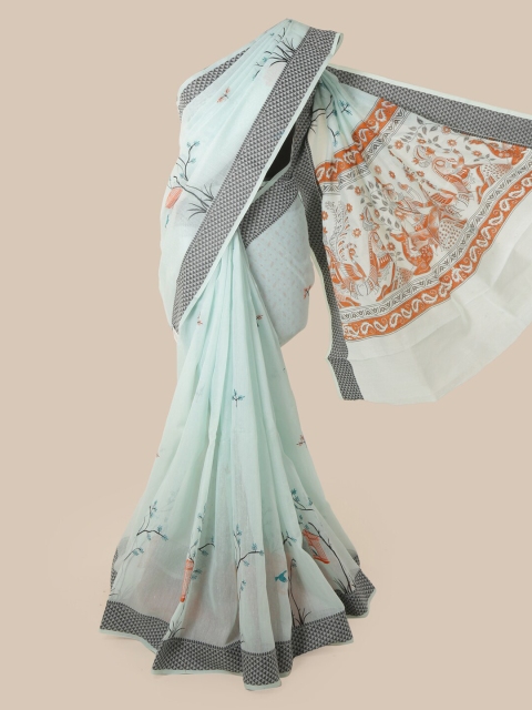 

Pothys Blue & Orange Cotton Blend Printed Chanderi Saree