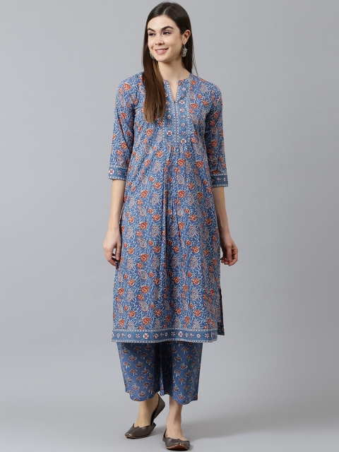 

QOMN Women Blue Ethnic Motifs Printed Empire Pure Cotton Kurta with Palazzos