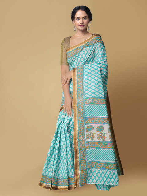 

Unnati Silks Blue & Off-White Pure Cotton Printed Dabu Saree