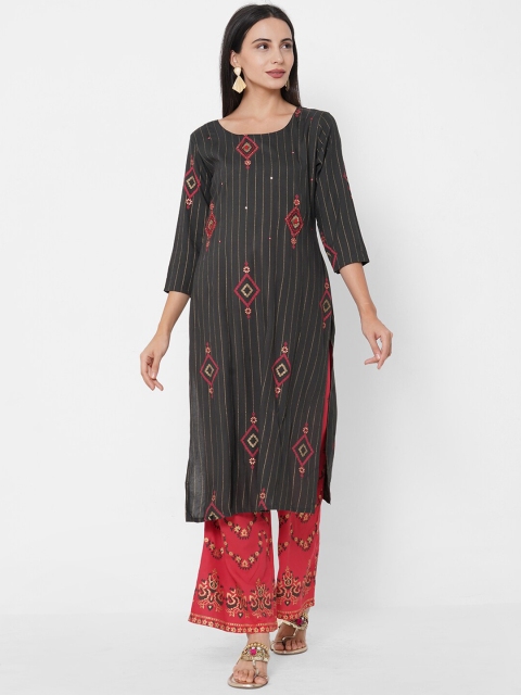 

FASHOR Women Grey Floral Embroidered Regular Floor Length A-Line Kurti & Trousers