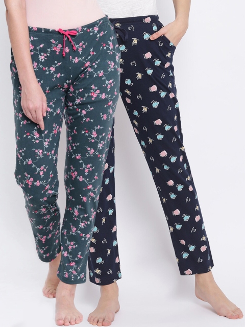 

Kanvin Women Pack Of 2 Printed Pure Cotton Lounge Pants, Navy blue
