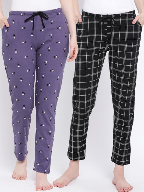 

Kanvin Women Pack Of 2 Printed Pure Cotton Lounge Pants, Black