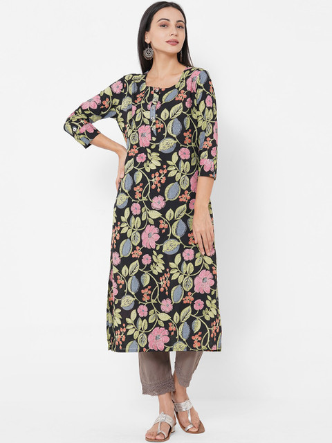 

FASHOR Women Black & Green Floral Printed Floral Kurta