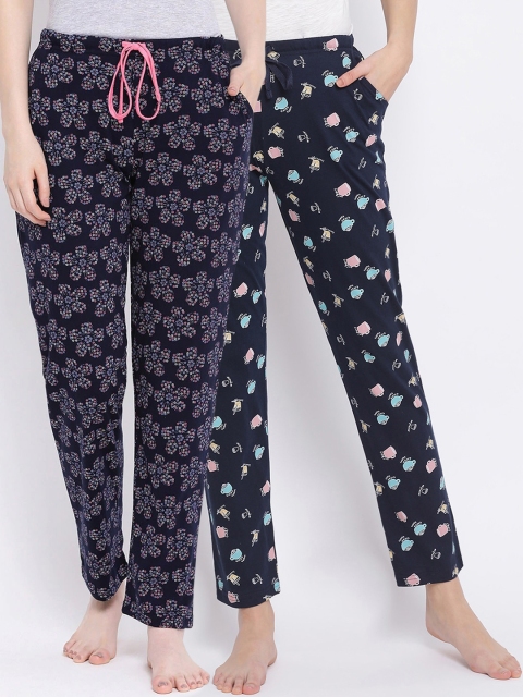 

Kanvin Women Pack Of 2 Printed Pure Cotton Lounge Pants, Navy blue