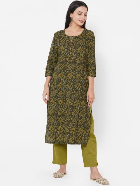 

FASHOR Women Olive Green & Grey Ethnic Motifs Printed Kurta