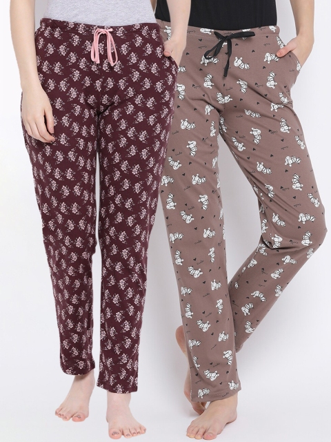 

Kanvin Women Pack Of 2 Printed Pure Cotton Lounge Pants, Brown