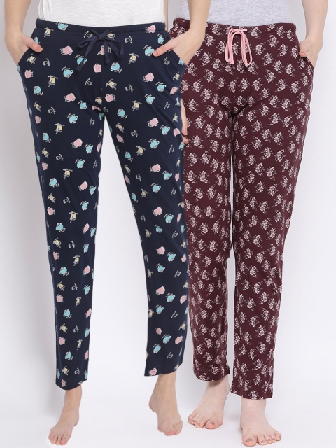 

Kanvin Women Pack Of 2 Printed Pure Cotton Lounge Pants, Navy blue