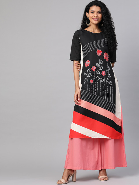 

KSUT Women Black & Red Floral Printed Thread Work Satin A-Line Kurta
