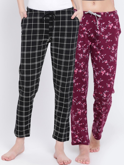 

Kanvin Women Pack of 2 Printed Pure Cotton Lounge Pants, Black