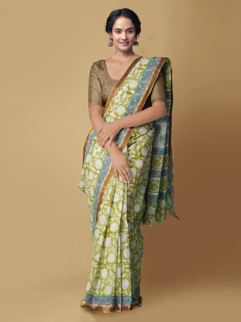 

Unnati Silks Green Pure Cotton Printed Handloom Dabu Saree