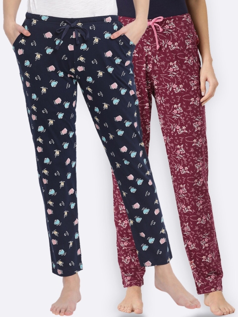 

Kanvin Women Pack Of 2 Printed Pure Cotton Lounge Pants, Navy blue