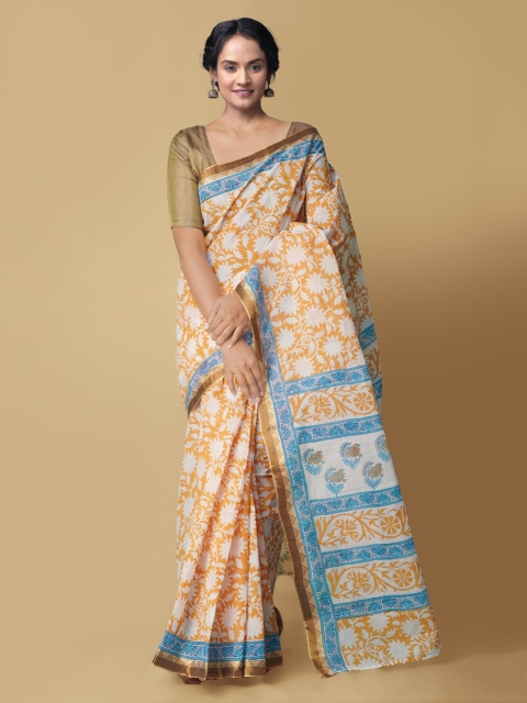 Unnati Silks White & Orange Pure Cotton Printed Dabu Saree