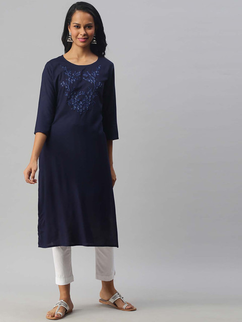 

Soch Women Navy Blue Embroidered Yoke Design Straight Kurta