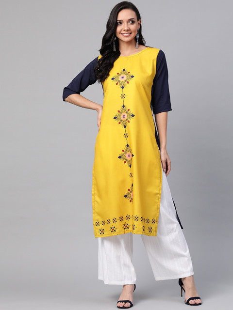 

KSUT Women Yellow & Black Ethnic Motifs Printed Straight Kurta