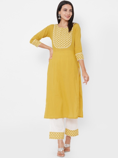 

FASHOR Women Mustard Yellow & White Yoke Design Regular Straight Pure Cotton Kurta Set