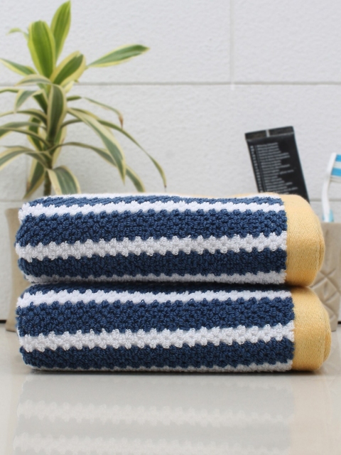 

AVI Living Set Of 2 Mustard Yellow & Blue Striped 550 GSM Cotton Hand Towels