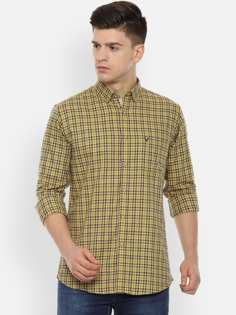 

Allen Solly Men Mustard Yellow & Navy Blue Slim Fit Checked Casual Shirt
