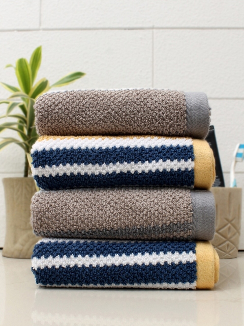 

AVI Living Set Of 4 Mustard-Yellow & Beige Striped 550GSM Cotton Hand Towels