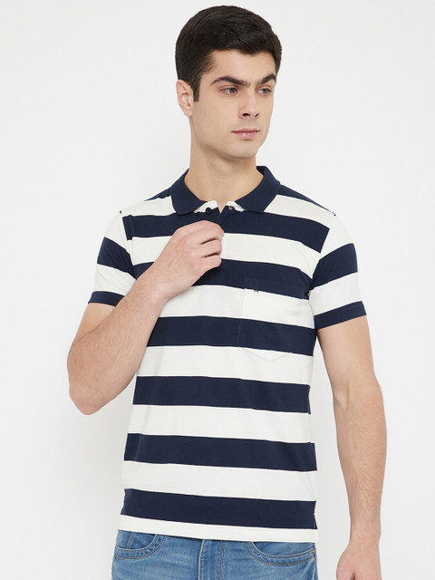 

Duke Men White & Navy Blue Striped Cotton Polo Collar T-shirt