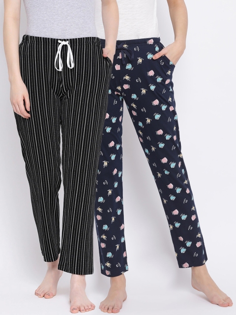 

Kanvin Women Pack Of 2 Printed Pure Cotton Lounge Pants, Navy blue