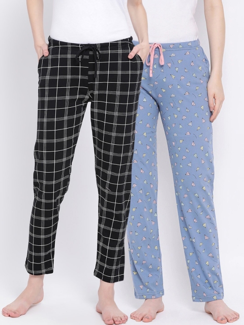 

Kanvin Women Pack of 2 Printed Pure Cotton Lounge Pants, Black
