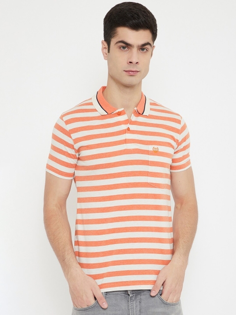 

Duke Men Orange & Off-White Slim-Fit Striped Cotton Polo Collar T-shirt
