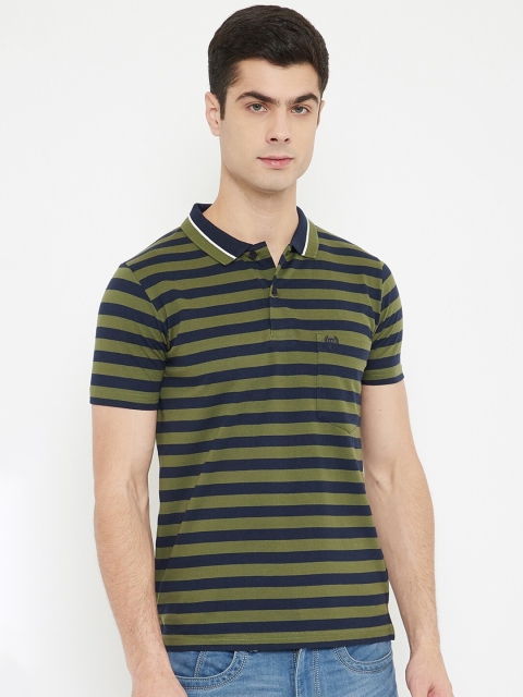 

Duke Men Olive Green & Navy Blue Striped Slim-Fit Cotton Polo Collar T-shirt