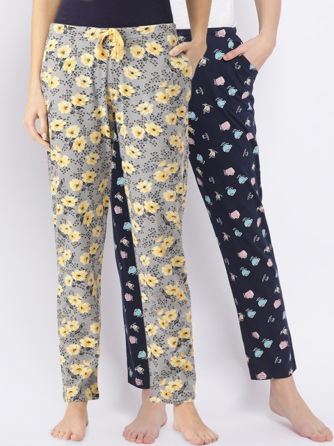 

Kanvin Women Pack Of 2 Printed Pure Cotton Lounge Pants, Navy blue
