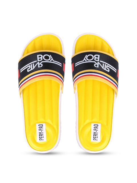 

PERY PAO Men Yellow & Black Printed Rubber Sliders