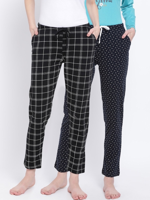 

Kanvin Women Pack of 2 Printed Pure Cotton Lounge Pants, Black