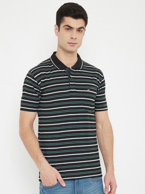 

Duke Men Black & White Striped Cotton Polo Collar T-shirt