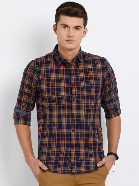 

t-base Men Navy Blue & Orange Regular Fit Checked Casual Shirt