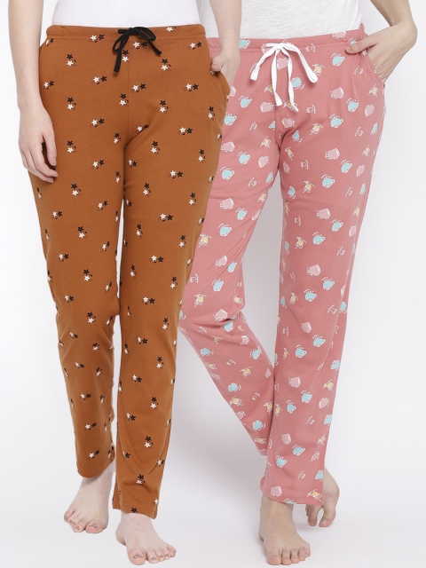 

Kanvin Women Pack of 2 Printed Pure Cotton Lounge Pants, Orange