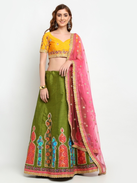 

panchhi Olive Green & Yellow Embroidered Semi-Stitched Lehenga & Unstitched Blouse with Dupatta