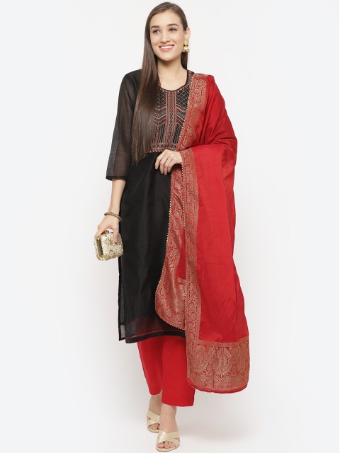 

Biba Black & Red Art Silk Unstitched Dress Material