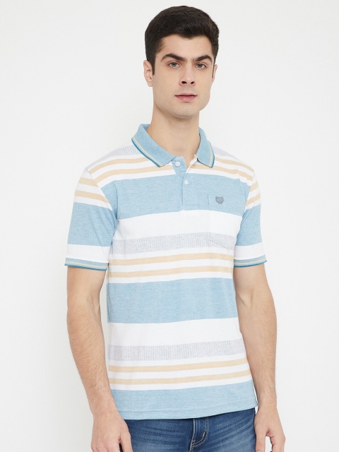 

Duke Men Blue & White Striped Cotton Polo Collar T-shirt