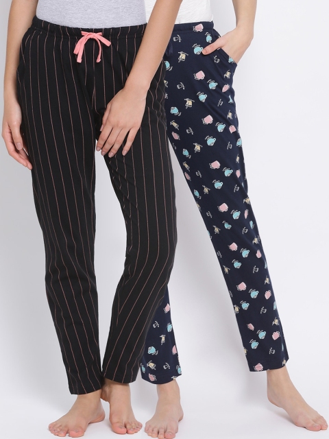 

Kanvin Women Pack Of 2 Printed Pure Cotton Lounge Pants, Navy blue