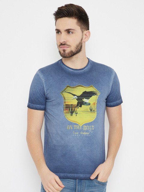 

Duke Men Blue & Mustard Yellow Slim-Fit Graphic Printed Round Neck T-shirt