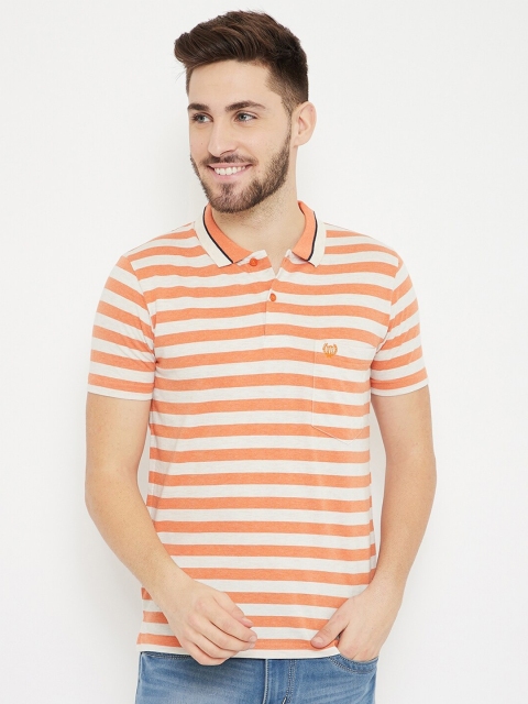 

Duke Men Orange & Off-White Striped Slim-Fit Cotton Polo Collar T-shirt