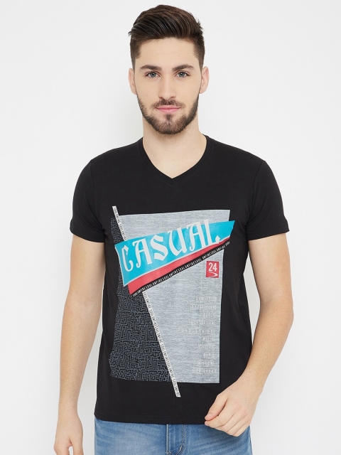 

Duke Men Black & Grey Melange Slim Fit Graphic Print Cotton T-shirt