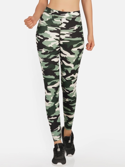 

NEU LOOK FASHION Women Olive Green & Cream-Coloured Printed Gym Tights