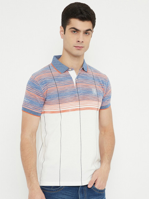 

Duke Men White & Orange Colourblocked Slim-Fit Cotton T-shirt with Striped Detail