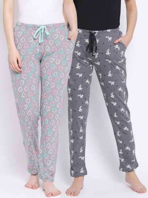 

Kanvin Women Pack Of 2 Printed Pure Cotton Lounge Pants, Grey