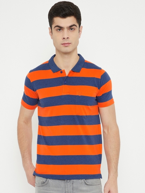 

Duke Men Orange & Navy Blue Striped Slim-Fit Cotton Polo Collar T-shirt