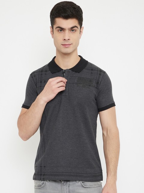 

Duke Men Grey & Black Printed Cotton Polo Collar T-shirt