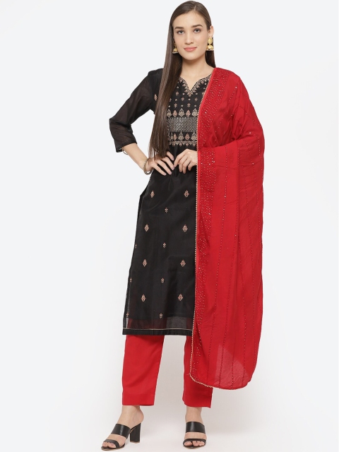 

Biba Red & Black Art Silk Unstitched Dress Material