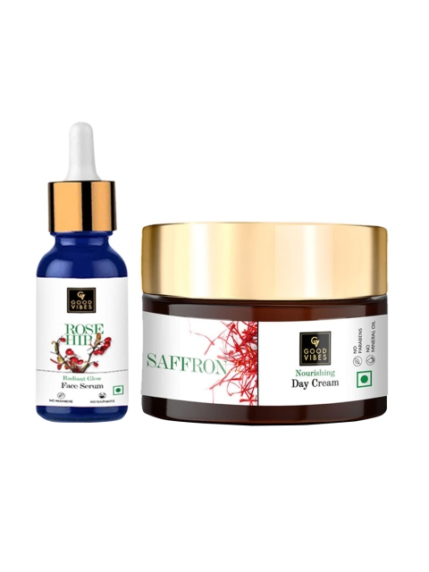 

Good Vibes Set of 2 Rose Hip Radiant Glow Face Serum & Saffron Nourishing Day Cream, Transparent