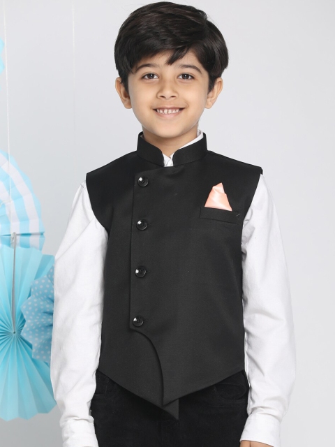 

VASTRAMAY Boys Black Solid Satin Nehru Jacket