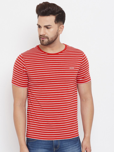 

Okane Men Red & White Striped Round Neck T-shirt